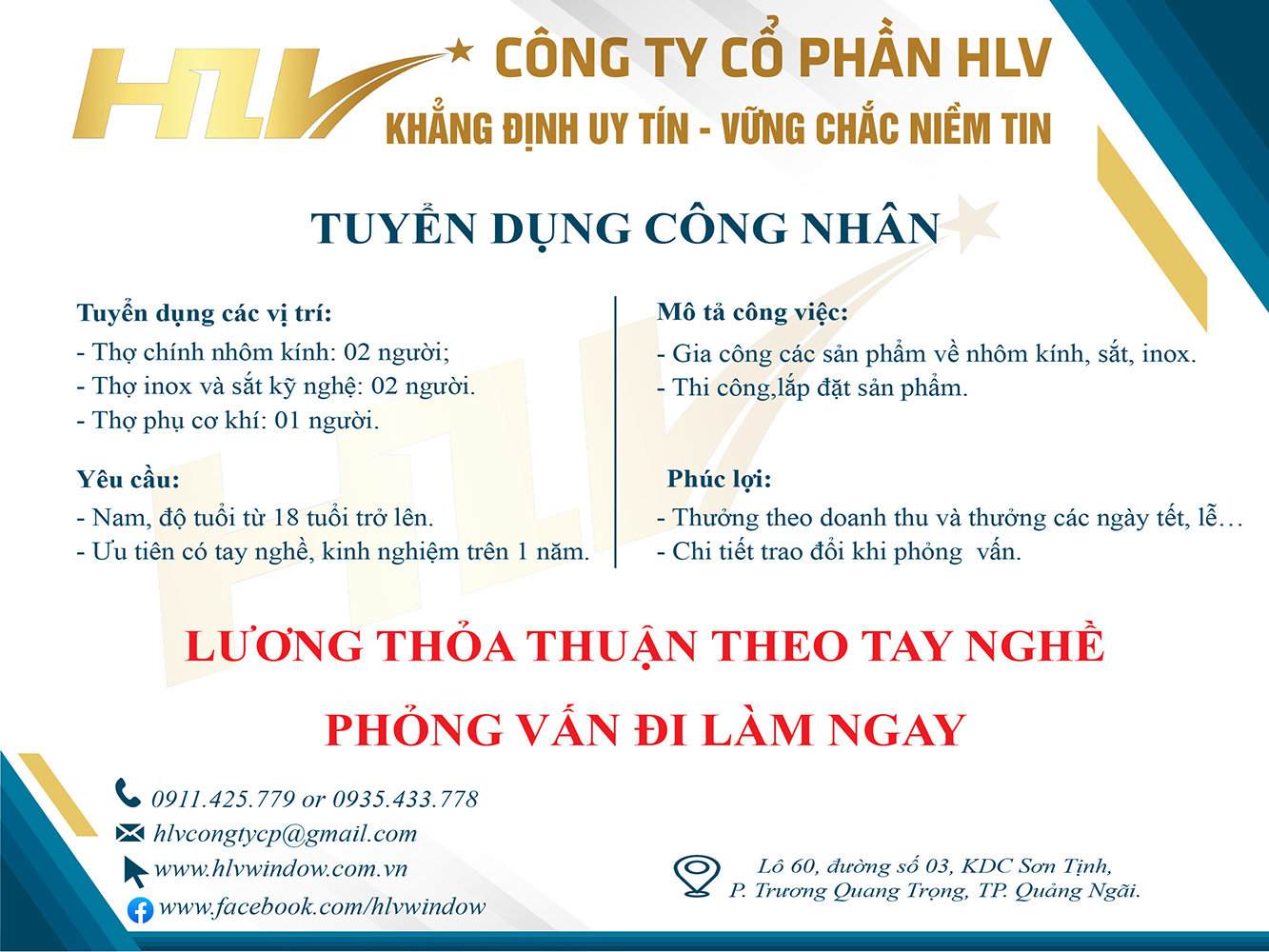 26/5/2023 - Công ty Cổ phần HLV Tuyển gấp công nhân nhôm kính